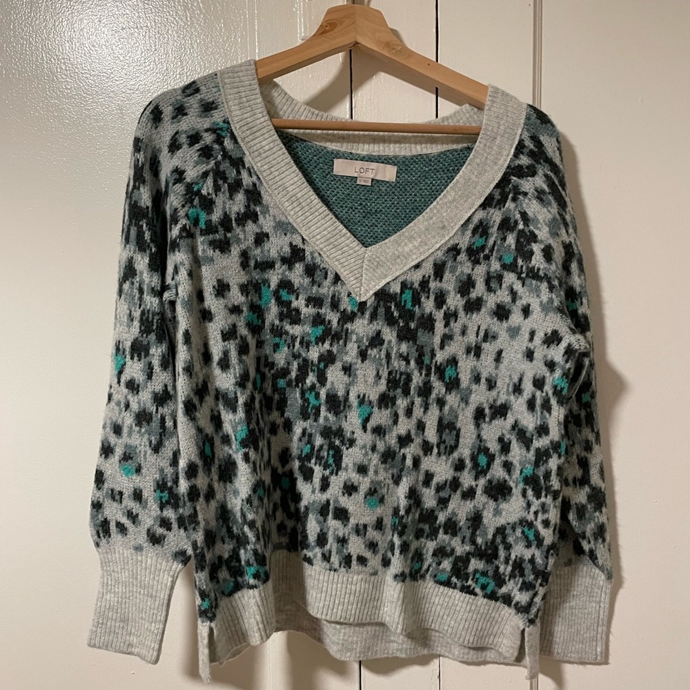LOFT Gray and Teal V-Neck Sweater